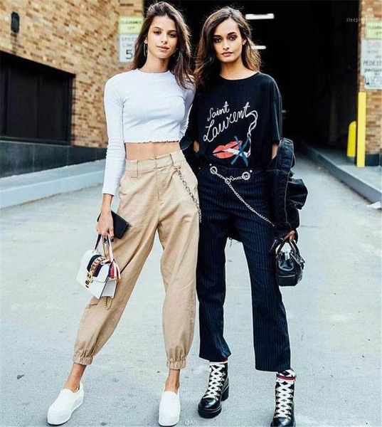 

pants women high waist solid color england style harem pants with chain hip hop fashion trousers1, Black;white