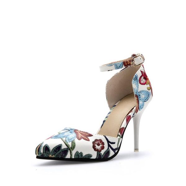 

qplyxco small big size 30-46 shallow single women shoes high heels 9cm elegant party pumps floral print buckle shoe woman 788-3, Black