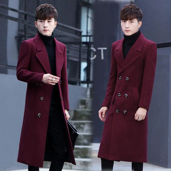 

autumn and winter tweed coat double breasted red windbreaker men's medium long woolen cloth, Tan;black