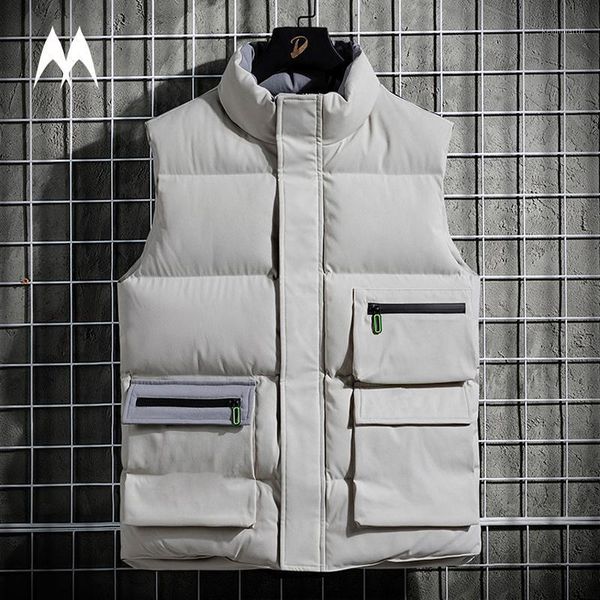 

winter new vest jacket men 2020 brand sleeveless coat men multi pocket puffer jacket streetwear waistcoat vest clothing1, Black;white