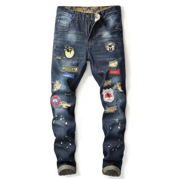 

men's jeans european american style mens slim stretch printed ripped black for men paint trousers splice streetwear hip hop, Blue