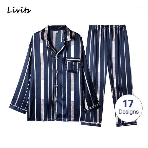 

men's pajamas set satin silk pyjamas nightwear sleepwear home wear striped printed casual for male1, Black;brown