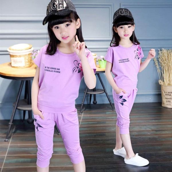 

summer baby girl clothes child set 4-14t child girl short sleeve flower sports clothes two-piece suit school set y200325, White