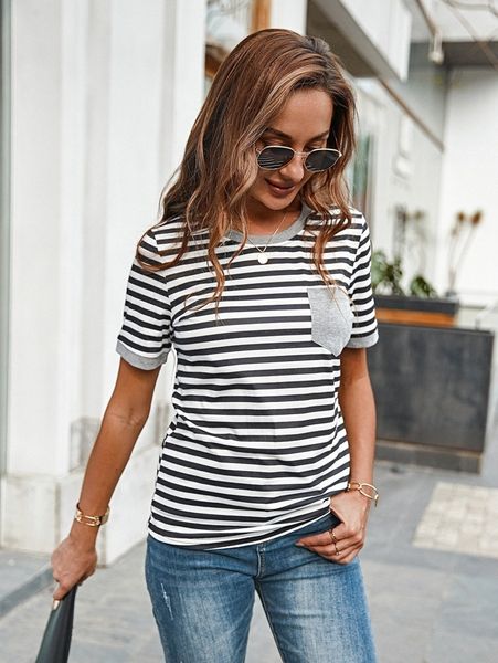 

striped print round neck tee 40nv#, White