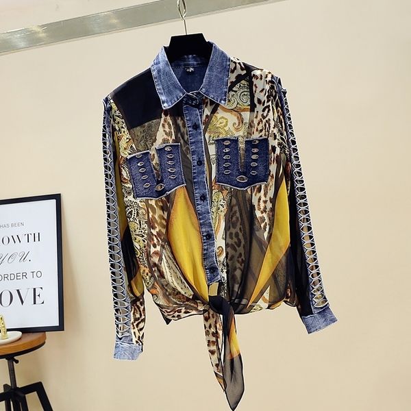 

leopard jean patch shirt female chiffon lace up bow long sleeve oversize blouse hollow out women fashion clothing lt398s30 y200828, White