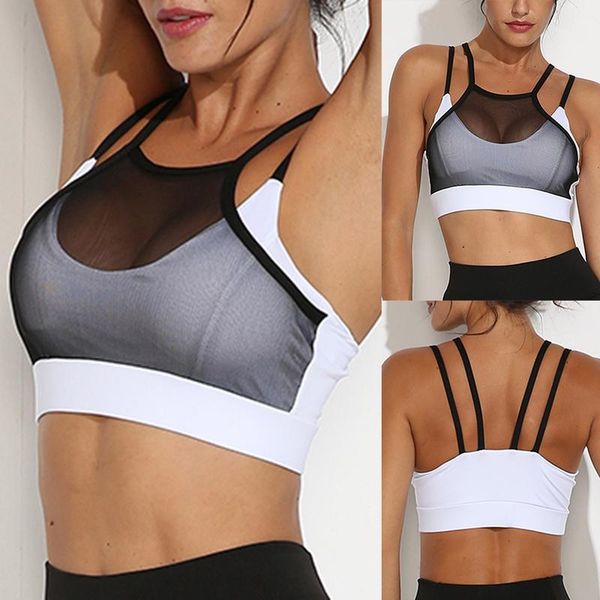 

mesh tank fitness women backless push up cross straps camis crop femme active wear padded underwear, White