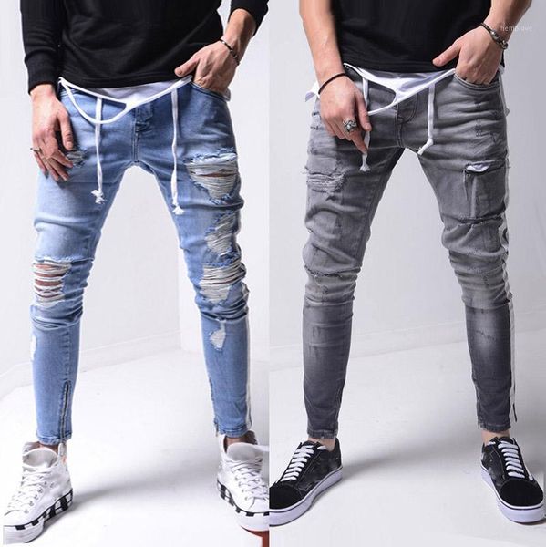 

men ripped jeans slim fit side stripe destroyed frayed gray skinny jeans men fashion ankle zipper distressed denim pencil pants1, Blue