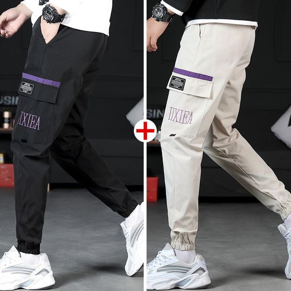 

autumn 2020 overalls korean loose binding sports capris men's long pants, Black