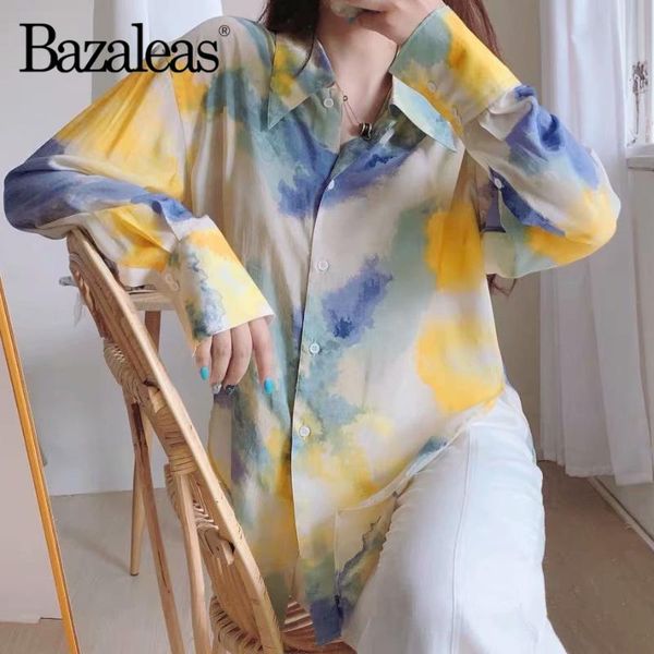 

bazaleas vintage color painting print blouse chic center buttons ropa mujer fashion turn down collar blouse women harajuku, White
