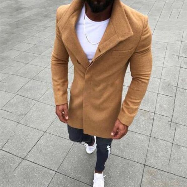 

2020 mens wool jacket button solid long sleeved windbreaker woolen coat fall winter overcoat men thin long trench coat1, Black