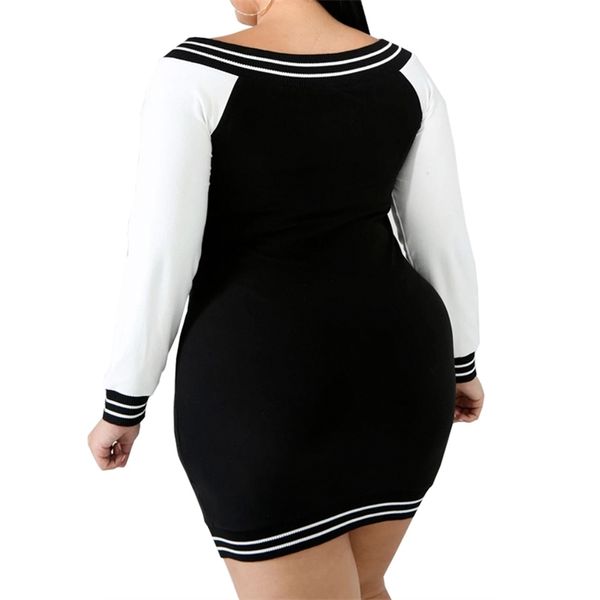 

5xl plus size bodycon deep v zipper women stripe long sleeve mini elegant slim fit club dress vestido d30 y200418, Black;gray