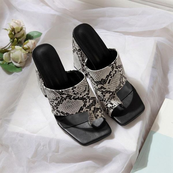

slippers women's high heel thong toe snakeskin square woman summer shoes beach slip on thick heels female slides ladies1, Black