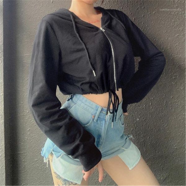 

hooded jackets fashion trend long sleeve zipper short pullover coats designer female spring new casual slim outerwear ladies navel sexy, Black;brown