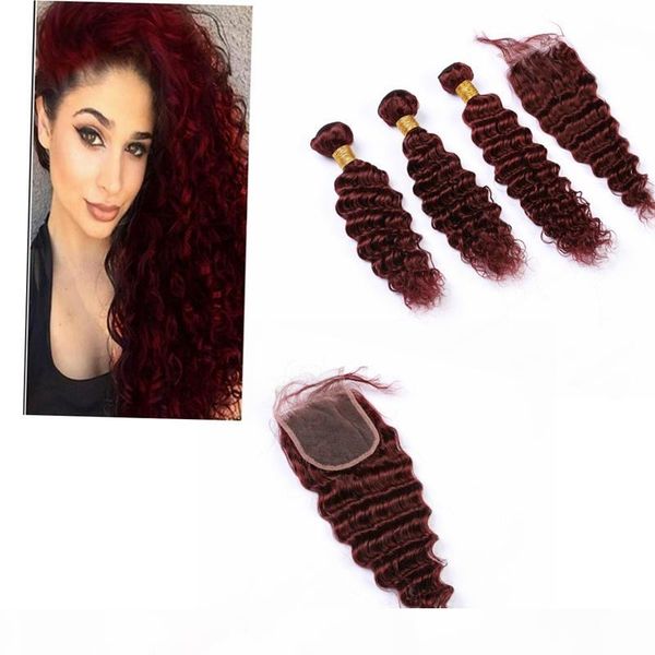 

brazilian deep wave sew in hair bundles with closure 4" * 4" 3 bundle deep wave with closure, Black;brown