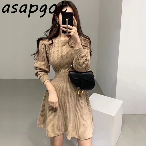 

vintage fall winter fashion clothes chic korean twist slim waist long sleeve o neck knitted sweater dress mini vestido de mulher 201126, Black;gray