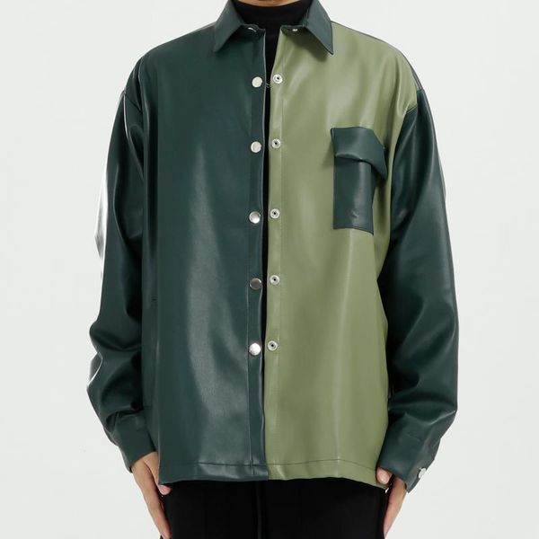 

male streetwear hip hop loose coat outerwear men vintage casual splice long sleeve leather shirt style jacket1, Black