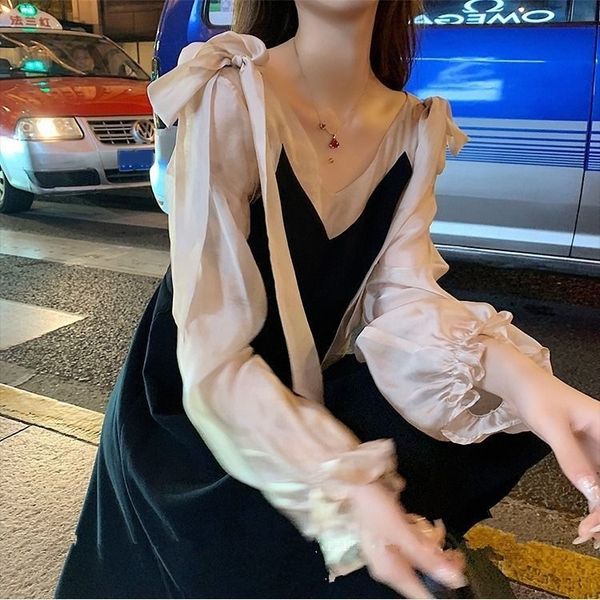 

female first love wind sweet early autumn temperament lace up fairy dress dresslace dressskirt color contrast long sleeve autumn winter dres, Black;gray