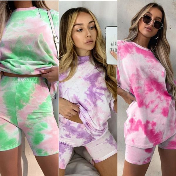 

pdmzg t-shirt shortsshorts style mid long loose tie women's short sleeve t-shirt with elastic dye two piece suit summer and shorts dsxs, White