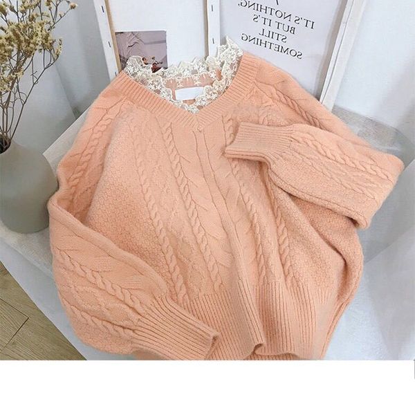 

new 2021 women's sweater fall winter sewing lace with low-cut v fine warm knitted-over sweet sweaters y508 sfit t8d2, White;black