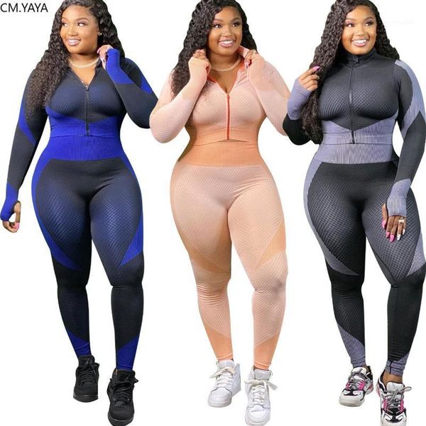 

cm.yaya sportswear plus size xl-4xl matching set women long sleeve workout geometric print tracksuit zipper & pants set1, Gray