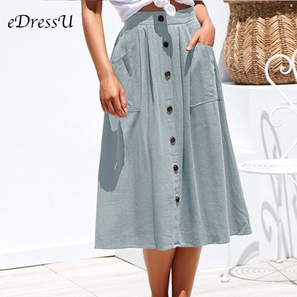 

summer autumn midi skirt cotton casual light blue mid-calf skirt with pockets buttons elastic waist holiday edressu sj-cf1858 1014, Black