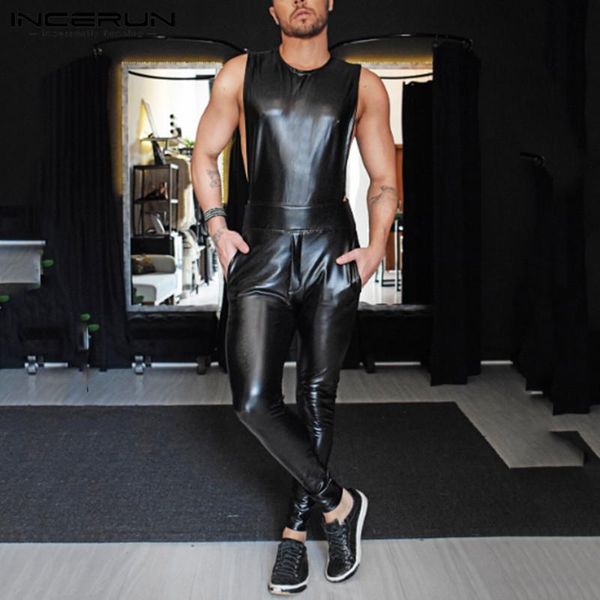 

fashion sleeveless jumpsuits incerun fitness mens round neck rompers leisure faux pu leather zipper overalls party pants 7, Black