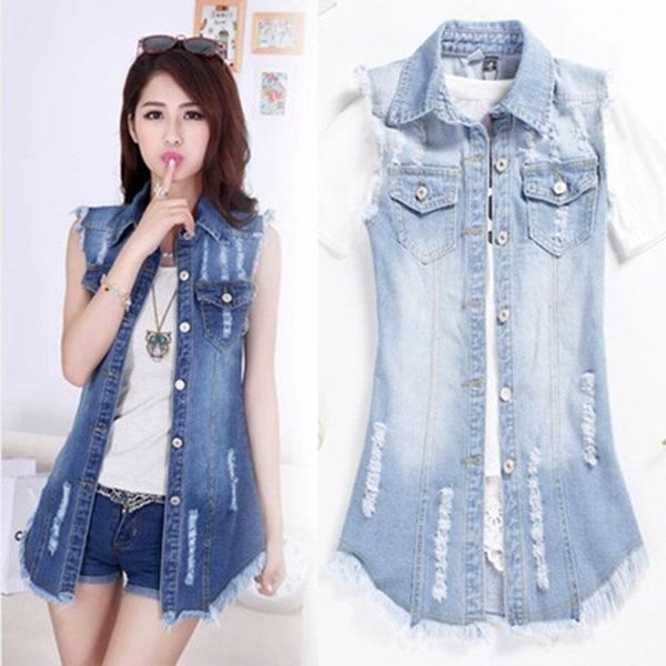 

sleeveless jacket women denim vest coat summer outerwear cotton frayed jeans vest jacket women ripped tassels vintage jean vests, Black;white