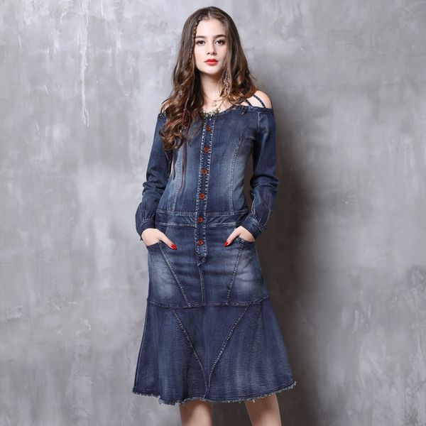 

новая осень 2020 платье skirtdenim юбки skirtwaist джинсовые юбки с выдолбленные плечо рюшами подол платье a82117 24sui, Black;gray