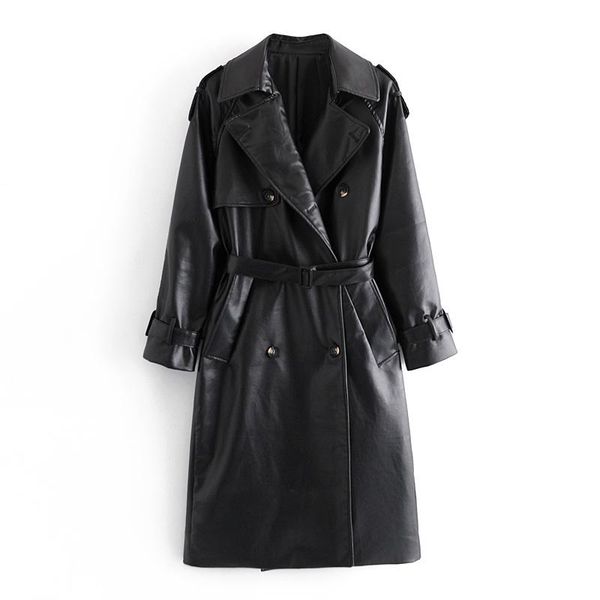 

ailegogo faux leather long coat lapel long sleeves loose women windproof jacket with belt casual windbreaker chic outwear, Black