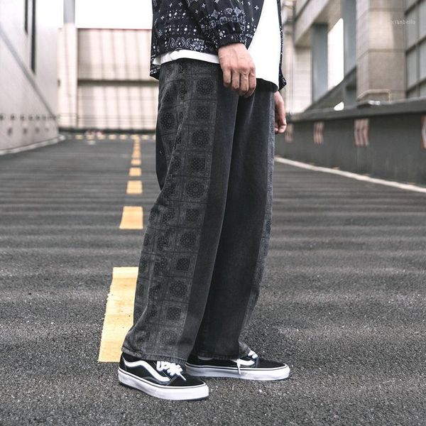 

paisley print jeans men washed black denim pants mens streetwear loose wide leg trousers1, Blue