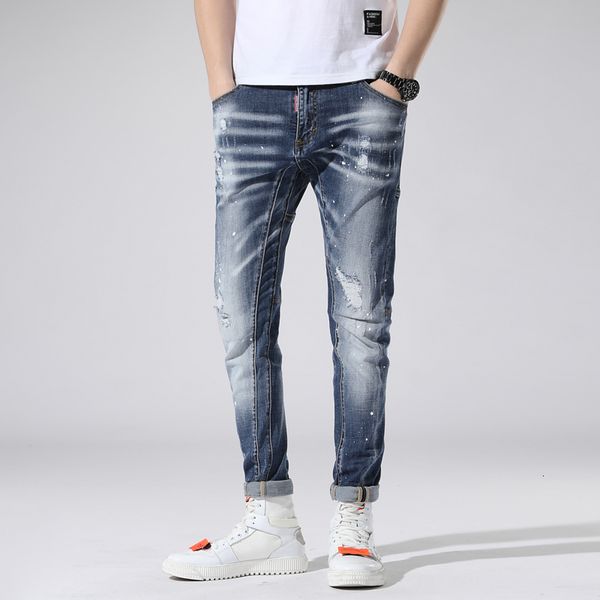 

2021 denim for ripped man paint thin elastic pants hip stretch, blue spring hluo