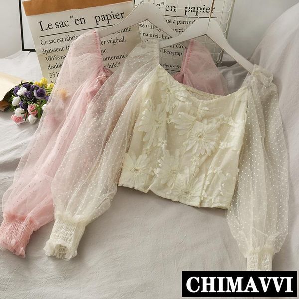 

2021 summer fairy short blouse puff sleeve lace shirt women's new sweet flower slim shirt cropped, White