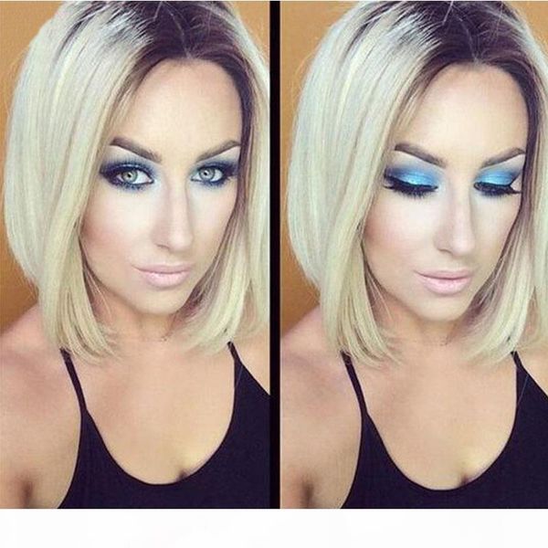 

bob straight blonde full lace wigs with dark root 1b 613 brazilian lace front wigs short straight human hair wigs with baby hair on sale, Black;brown