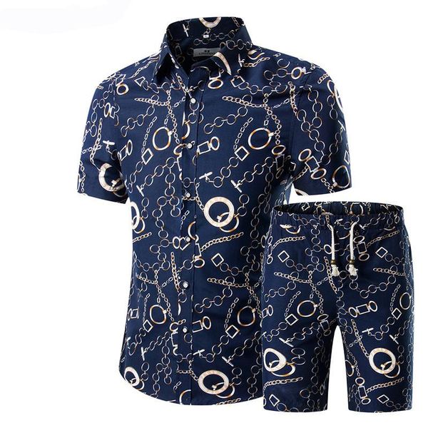 

2020 summer fashion floral print shirts men+shorts set men short sleeve shirts casual men clothing sets tracksuit plus size 5xl, Gray