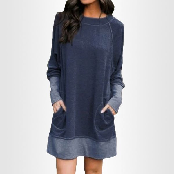 

autumn winter dress women o neck long sleeve patchwork oversized casual plus size pocket loose sweatshirt mini dresses 201030, Black;gray