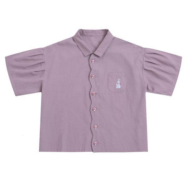 

fashion sweet design women summer blouse purple strawberry button short sleeve cute bunny embroidery teenage girl's shirt, White