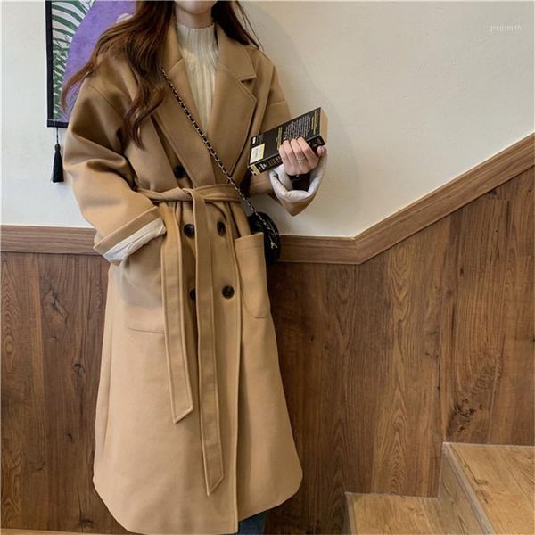 

alien kitty women overcoat 2020 new spring elegant casual warm faux wool coat double breasted belted winter long woolen coat1, Black