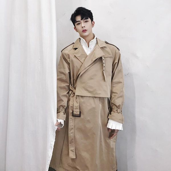 

new fall designer's new belted shoulder patch in a long coat popular men's loose overwork trench coat1, Tan;black