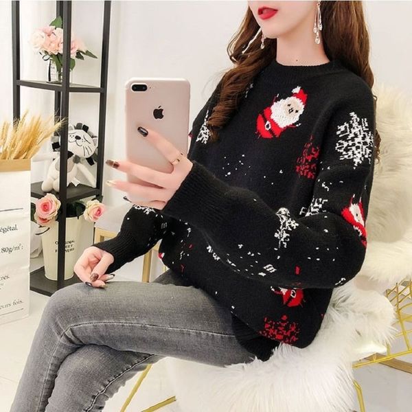 

2021 new engage more size female christmas loose winter woman foreign style snowflake from cartoon sweater eyjj, White;black