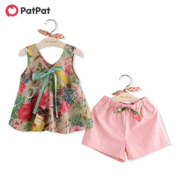 

patpat 2020 new summer baby and toddler girl floral bowknot decor and shorts sets elastic design, White