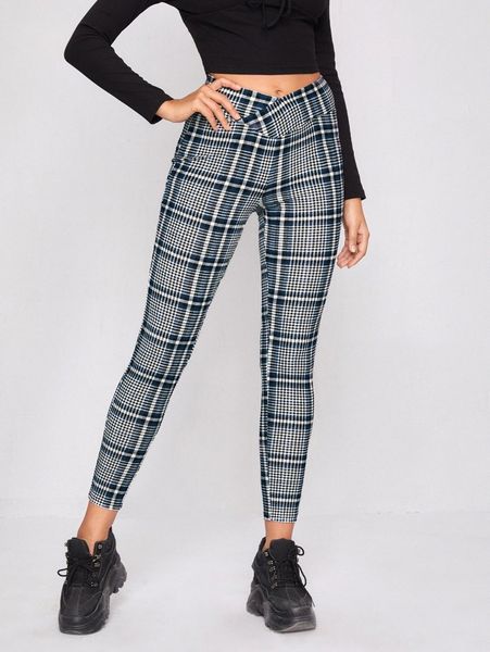 

plaid overlap waistband pants q3vt#, Black;white