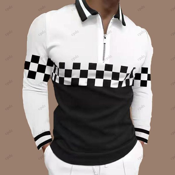 

mens polos printed shirt luxury casual designer business style zipper turn-down collar lattice long sleeve fashion high street man tee blura, White;black