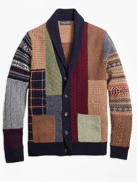 

autumn men sweater long sleeve color block cardigan plaid single-breasted stretchy button pocket jumper spring knitted coat1, White;black