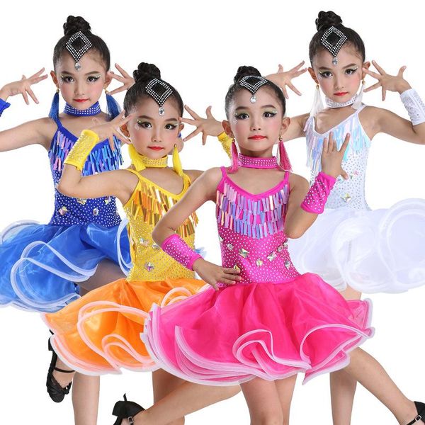 

girls sequin professional latin salsa cha cha ballroom dance competition dress costume for kid dancing clothes dancer clothing, Black;red
