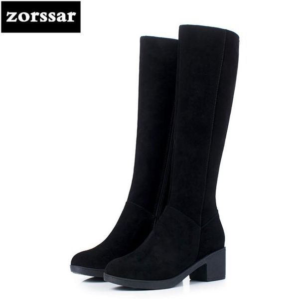 

boots {zorssar} 2021 winter fur female snow fashion knee high cow suede leather thick heel women, Black
