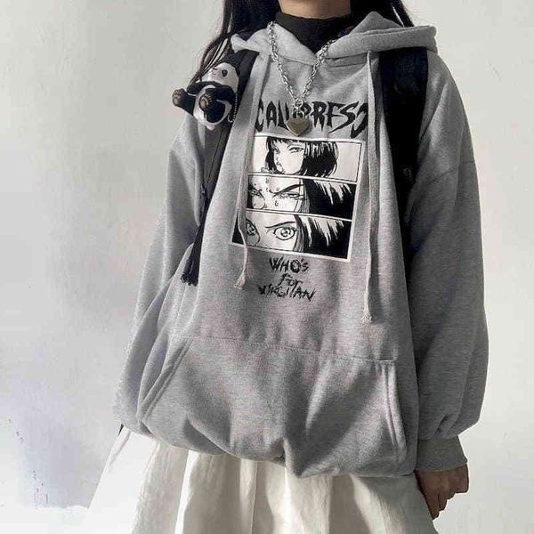 

men's sad girl harajuku aesthetic anime casual hoodies japanese streetwear hip hop the dark cartoon print sweatshirt lj201102, Black