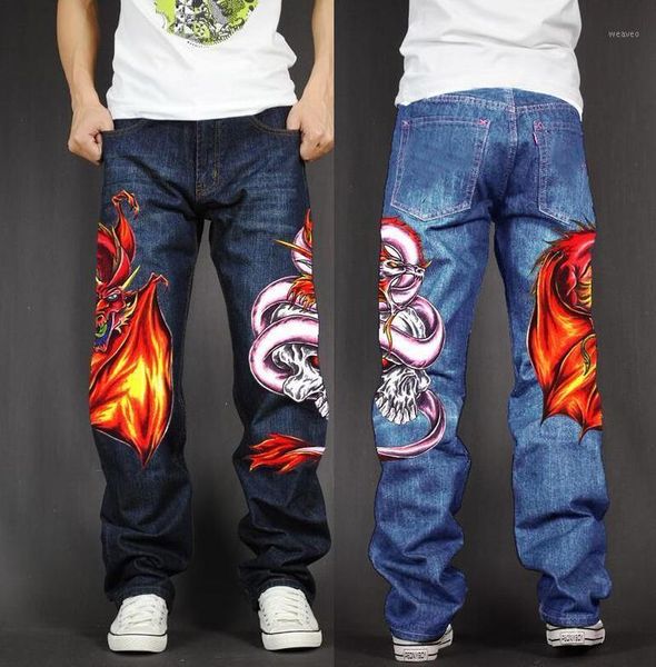 

men's long pants baggy loose fit jeans rap hip hop skate denim print trousers straight stretch casual trousers bat serpent1, Blue