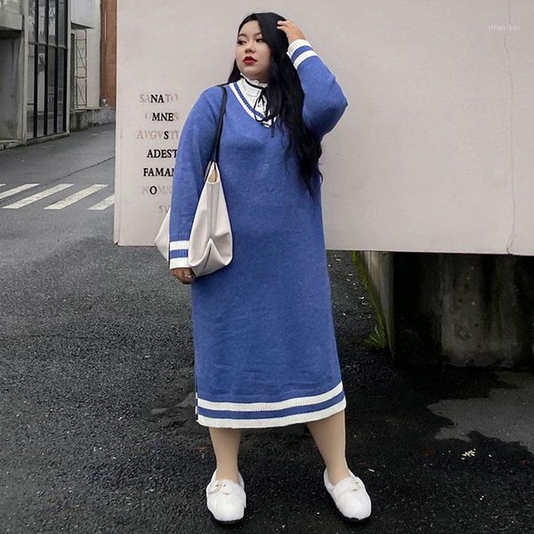 

oversize women's knitted dress autumn winter casual loose thick striped v neck long one-piece fashion sweet clothes 2020 new1, Black;gray