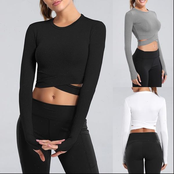 

women long sleeve running tshirts outdoor exposed navel t shirts quick dry fitness gym crop solid sports shirts, White