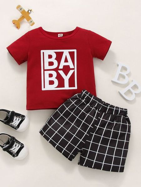

baby letter graphic tee & grid print shorts she, White